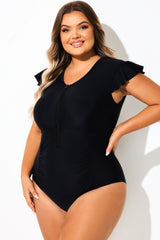 High Neck Zipper Cap Sleeve One Piece Swimsuit