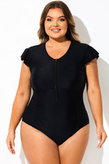 High Neck Zipper Cap Sleeve One Piece Swimsuit
