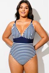 Navy Blue Stripe V-Neck One Piece Swimsuit