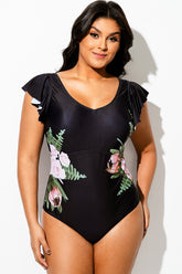 Black Floral Print Ruffle V-Neck One Piece Swimsuit