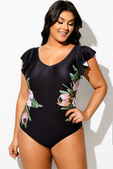 Black Floral Print Ruffle V-Neck One Piece Swimsuit