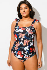 Square Neck Floral Binding Knotted One Piece Swimsuit