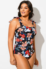 Square Neck Floral Binding Knotted One Piece Swimsuit