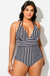 Black & White Halter Striped One Piece Swimsuit
