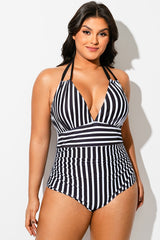 Black & White Halter Striped One Piece Swimsuit
