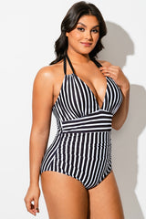 Black & White Halter Striped One Piece Swimsuit