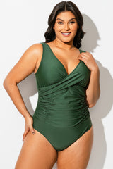 Solid Green V-Neck Ruched One Piece Swimsuit