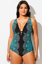 Blue Ombre Lace Print V-Neck One Piece Swimsuit