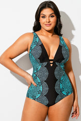 Blue Ombre Lace Print V-Neck One Piece Swimsuit