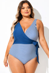 Blue V-Neck Striped One Piece Swimsuit