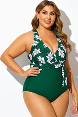 Green Floral Print Halter Neck One Piece Swimsuit