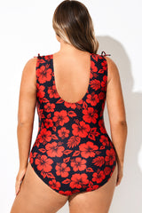 Red Floral Print V-Neck One Piece Swimsuit