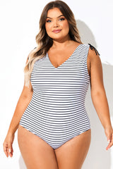 Black & White Striped V-Neck One Piece Swimsuit