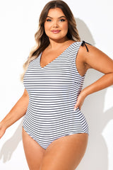 Black & White Striped V-Neck One Piece Swimsuit