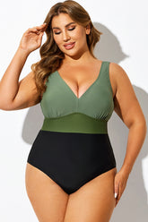 Green Colorblock V-Neck One Piece Swimsuit