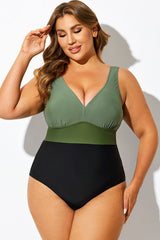 Green Colorblock V-Neck One Piece Swimsuit