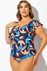 Blue Leaf Print Asymmetric One Piece Swimsuit