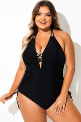 Plus Size Solid Black Halter One Piece Swimsuit