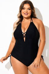 Plus Size Solid Black Halter One Piece Swimsuit