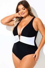 Black & White V-Neck Skinny One Piece Swimsuit