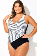 Black & White Striped Wrap One Piece Swimsuit