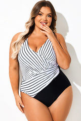 Black & White Striped Wrap One Piece Swimsuit