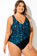 Blue Floral Print Wrap Look One Piece Swimsuit