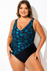 Blue Floral Print Wrap Look One Piece Swimsuit