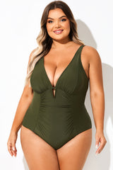 Green Shirred V-Neck Underwire One Piece Swimsuit