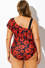 Red Floral Print Flounce Panel One Piece Swimsuit