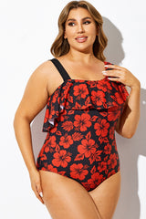 Red Floral Print Flounce Panel One Piece Swimsuit
