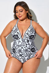 Black & White Porcelain Floral Patterned One Piece Swimsuit