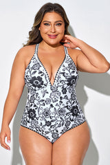 Black & White Porcelain Floral Patterned One Piece Swimsuit