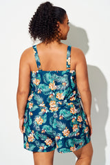 Plus Size Tropical Flower Print Pockets One Piece Swimsuit