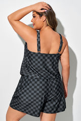 Plus Size Black Check Slanted Pockets One Piece Swimsuit