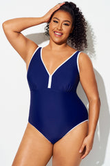 Plus Size Dark Blue Elegant V-Neck One Piece Swimsuit