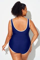 Plus Size Dark Blue Elegant V-Neck One Piece Swimsuit