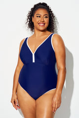 Plus Size Dark Blue Elegant V-Neck One Piece Swimsuit