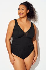 Plus Size Black Mesh Splicing One Piece Swimsuit