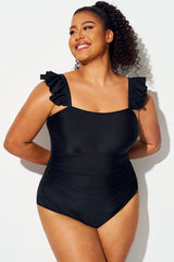 Plus Size Solid Black Ruffles One Piece Swimsuit