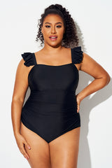 Plus Size Solid Black Ruffles One Piece Swimsuit