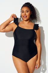 Plus Size Solid Black Ruffles One Piece Swimsuit