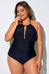 Solid Black Hollow Out Halter One Piece Swimsuit