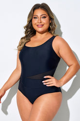 Black Mesh Insert Asymmetrical Neck One Piece Swimsuit