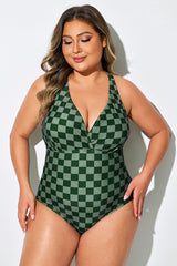 Green Check Cross Back Straps One Piece Swimsuit