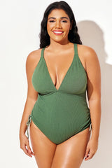 Green V-Neck Both Side Drawstring One Piece Swimsuit