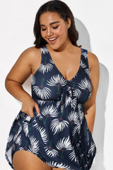 Dusty Blue Floral Print V-Neck Swimdress