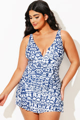 Tie-Dye Shirred V-Neck Elegant Lady Swimdress