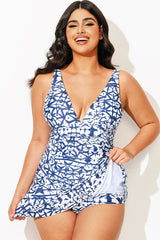 Tie-Dye Shirred V-Neck Elegant Lady Swimdress