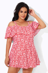 Red Floral Printed Off-the-Shoulder Swimdress